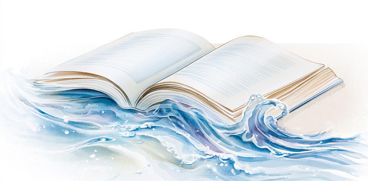 Watercolor painting of an open sefer rising out of flowing water